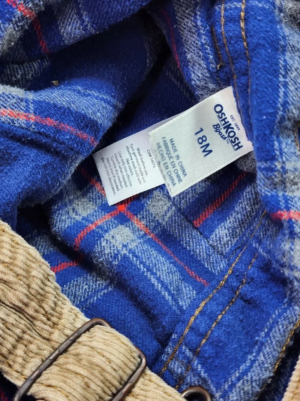 OshKosh B'Gosh Toddler Corduroy Overalls Size 18M Tan Plaid Lined Vestbak